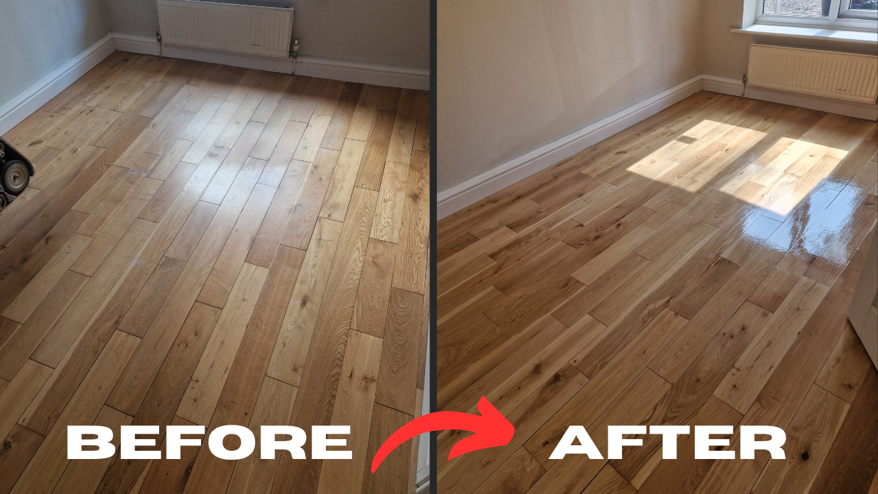 Grief Over Scratches in Egham – before-and-after restoration of a European oak solid hardwood plank floor, sanded and finished to soften scratches and revive sheen.
