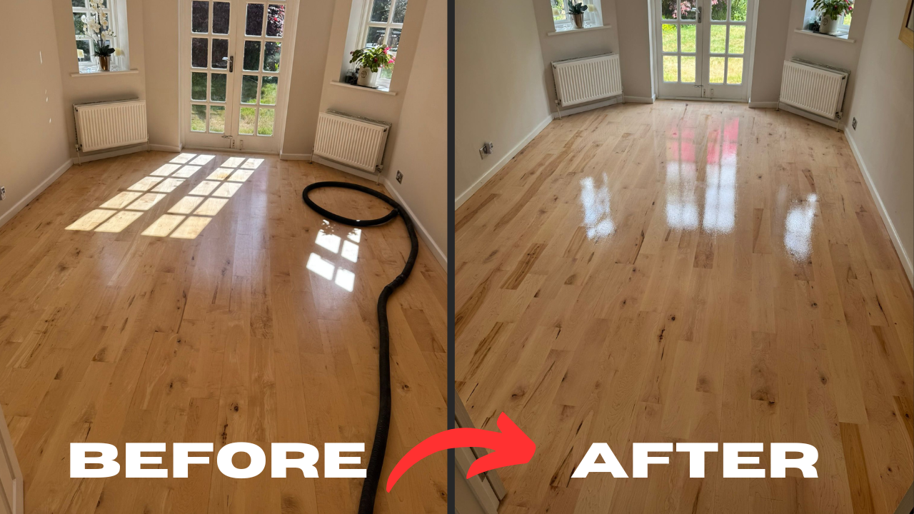 Grief Over Scratches in Egham – before-and-after of a maple solid hardwood living-room floor, sanded and sealed to reduce scratches and restore a bright, even sheen.