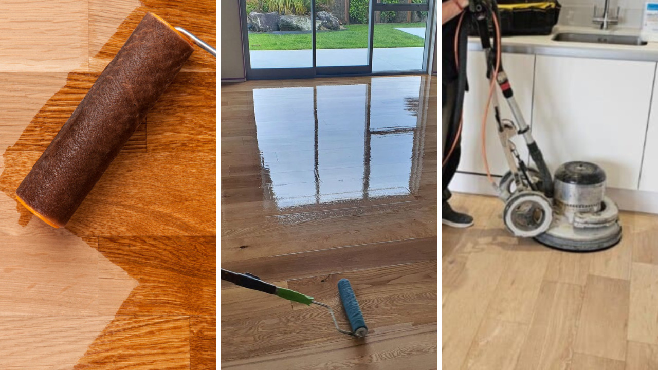 Grief Over Scratches in Egham – three-step restoration on an oak engineered plank hardwood floor: clear coat rolled on, fresh wet coat levelling, and rotary buffer finishing.
