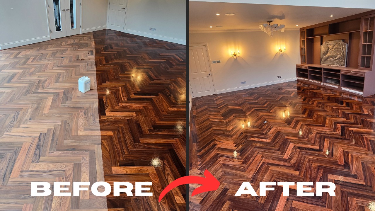 Parquet floor sanding in Egham showing a dramatic before and after of a dark stained herringbone parquet wood floor restored to a smooth, high-gloss finish.