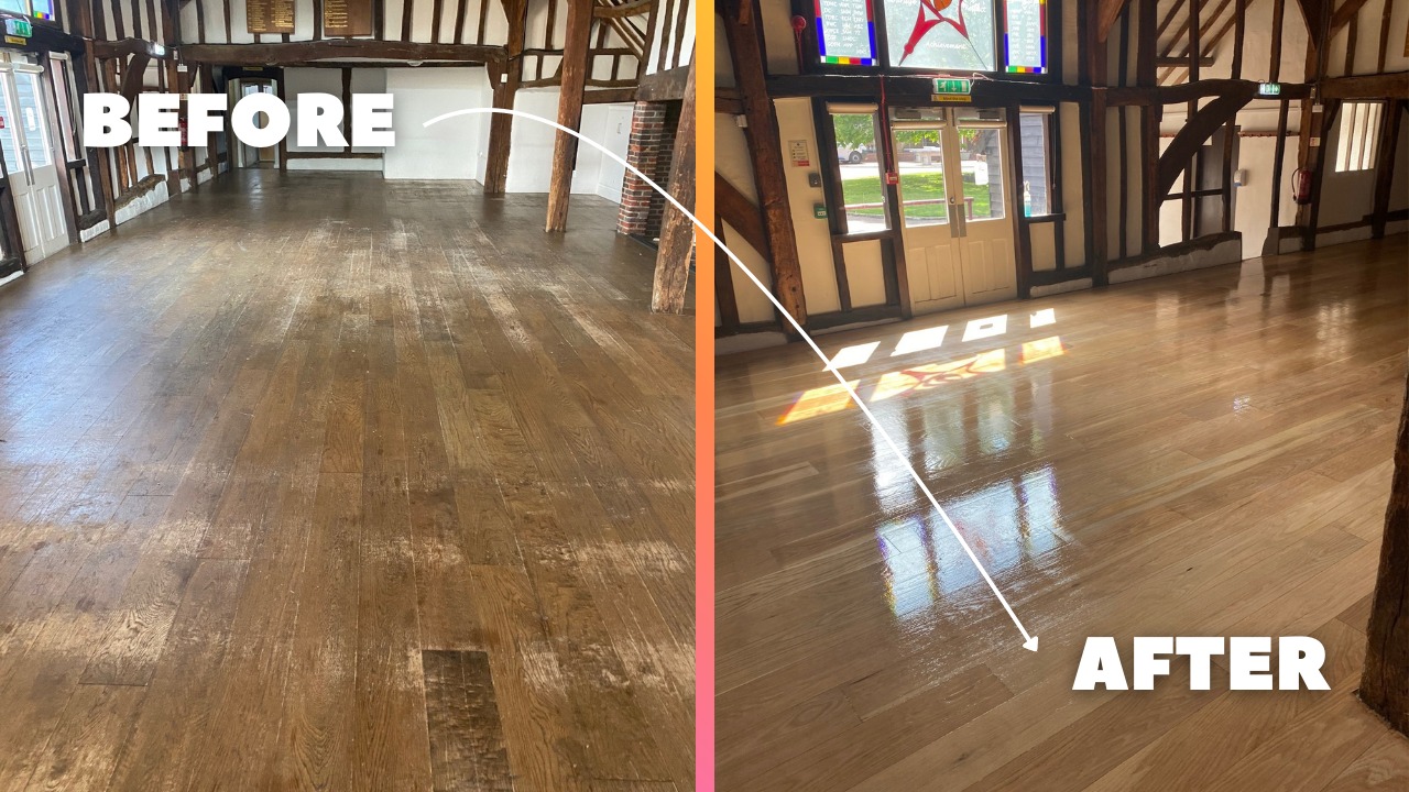 Commercial Floor Sanding in Egham showing a before and after transformation of a worn oak hardwood hall floor restored to a smooth, glossy finish.