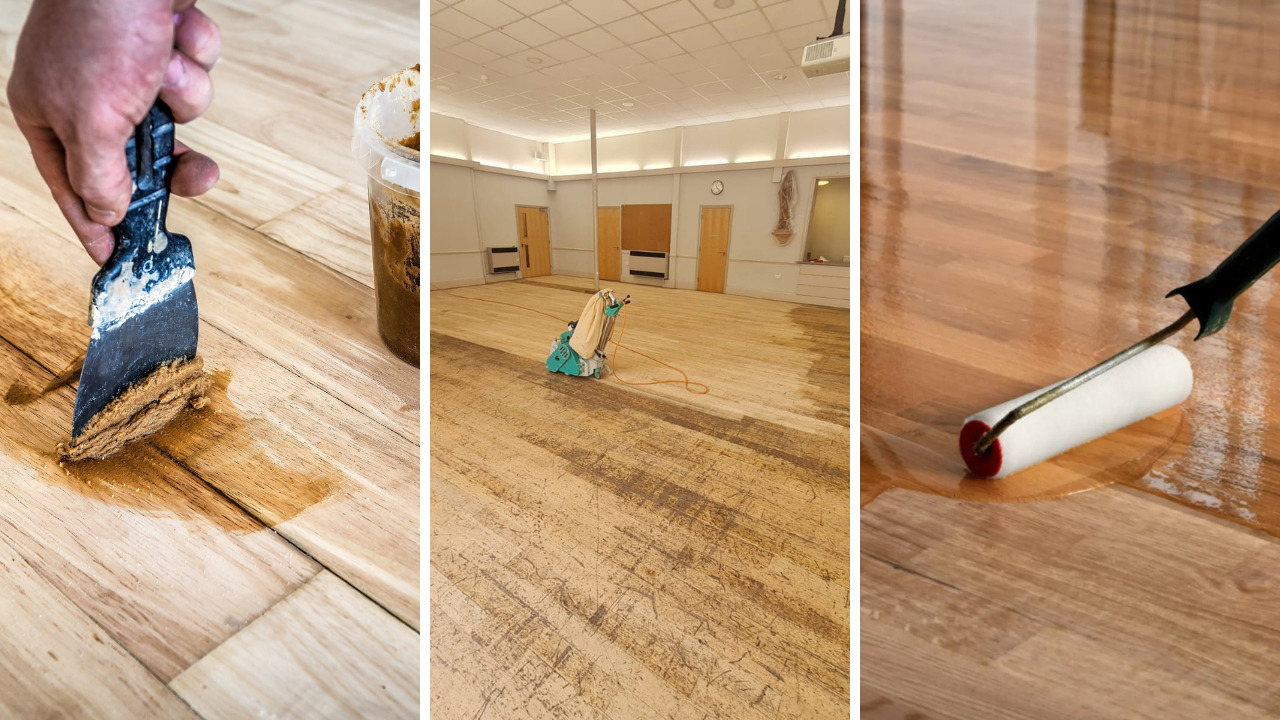 Commercial Floor Sanding in Egham on an oak strip hardwood hall floor, showing gap filling, sanding and sealing stages of the restoration process.