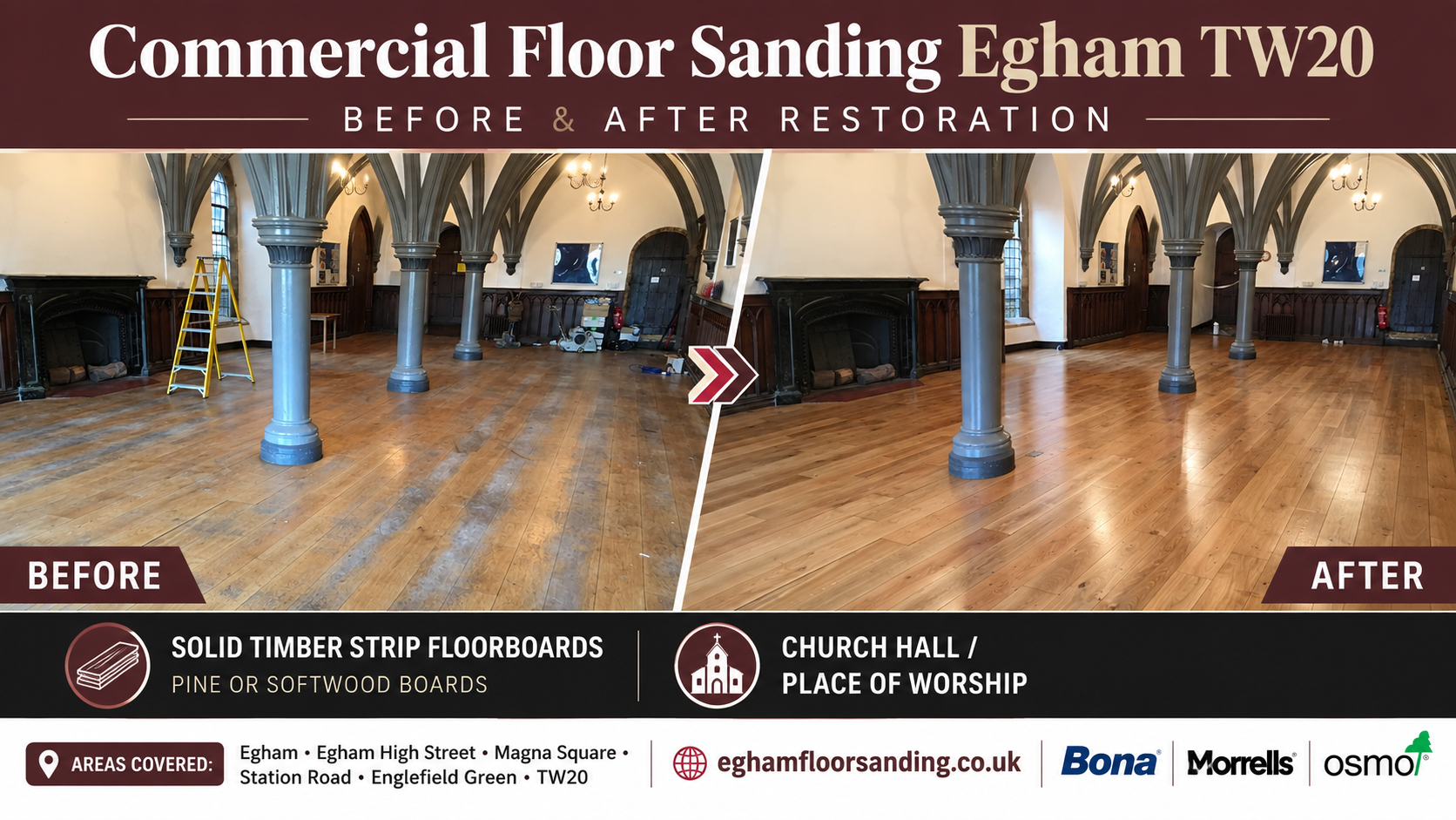 Before and after commercial floor sanding in Egham TW20 showing worn solid timber strip floorboards in a church hall restored to a smooth polished finish.