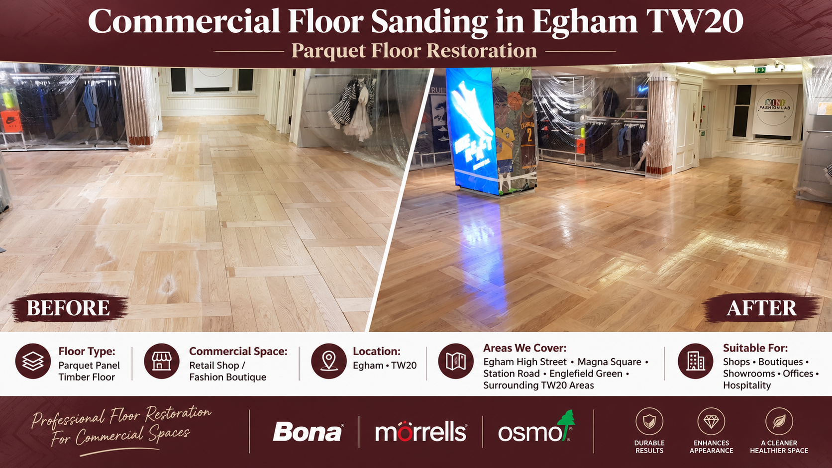 Before and after commercial floor sanding in Egham TW20 showing restored parquet panel timber flooring in a retail shop or fashion boutique.