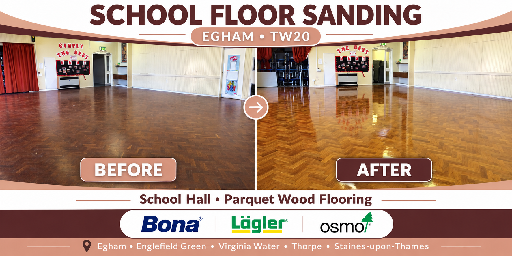 Before and after comparison of school hall parquet floor sanding in Egham TW20, showing worn wooden flooring transformed into a polished finish.