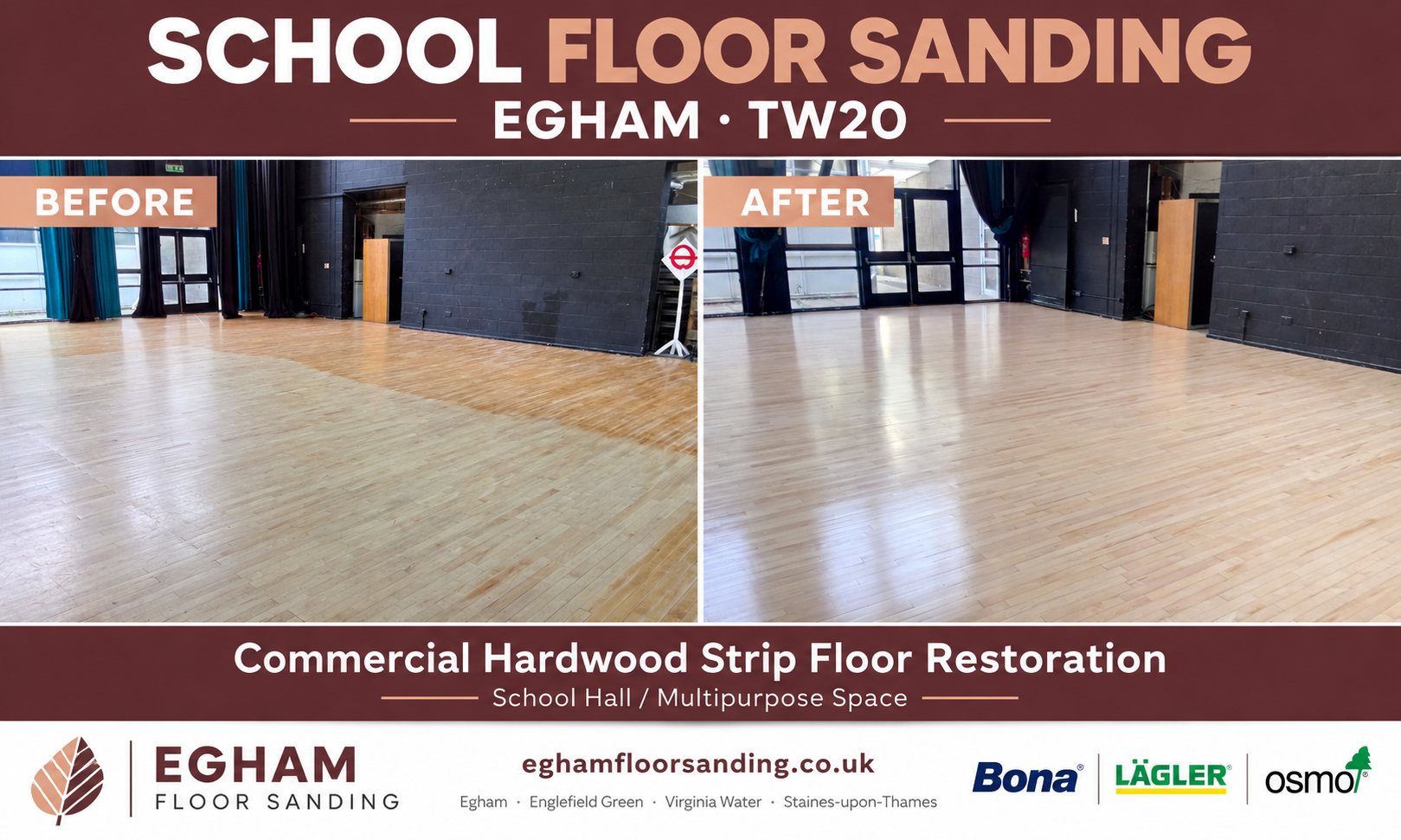 Before and after school floor sanding in Egham TW20, comparing worn and restored commercial hardwood flooring in a multipurpose school hall.